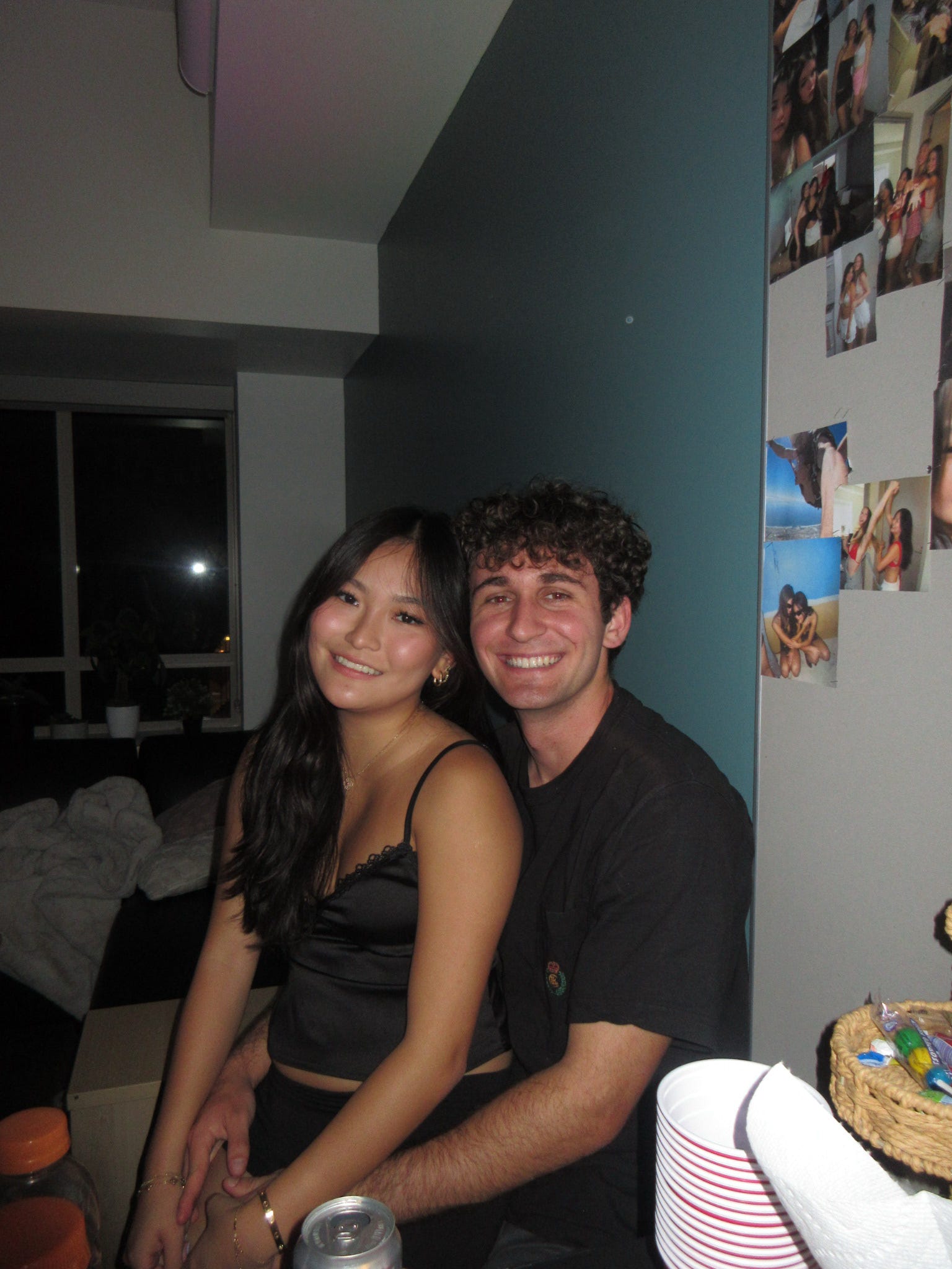 Smiling together at dinner